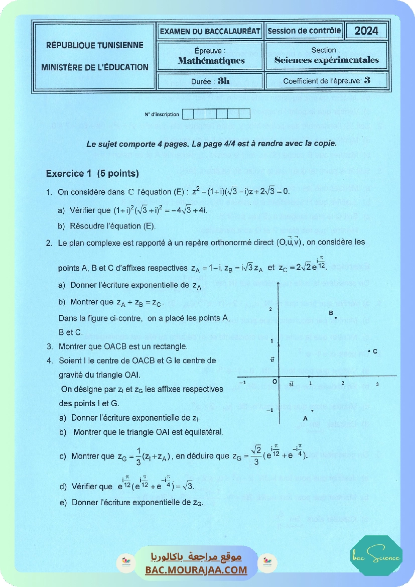 Sujet controle math Bac 2024 – Section science